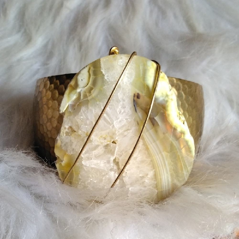 Hammered Gold Cuff Bracelet with Yellow White Agate Accent